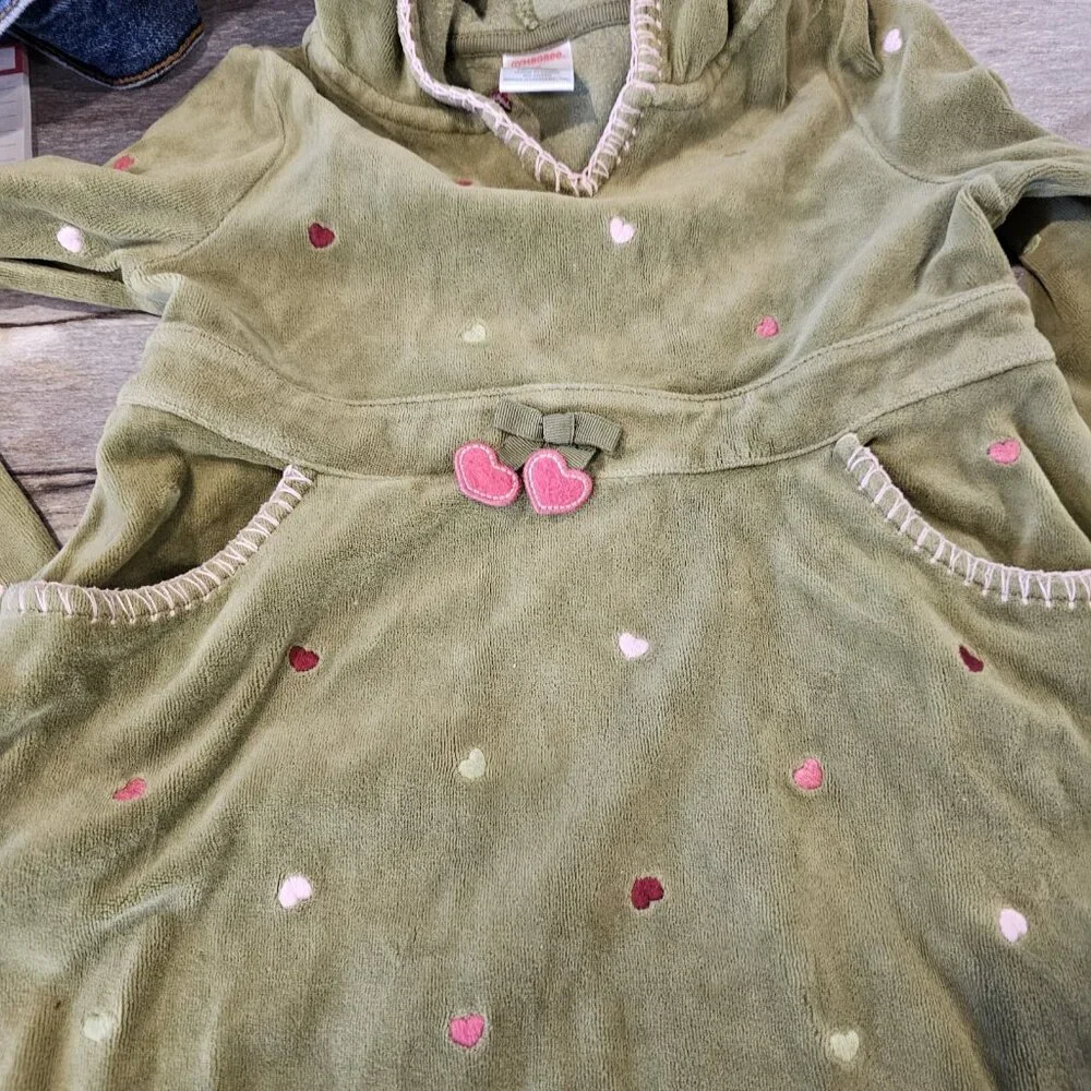 Gymboree Size 6‎ Green Heart Embroidery Hooded Dress Velour Longsleeve